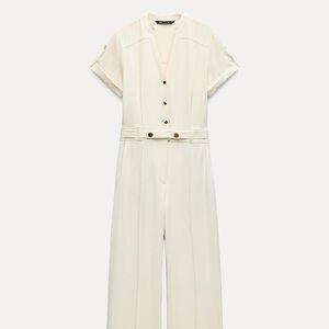 Zara Cream Crepe Jumpsuit with Wide-Leg & Gold Buttons
